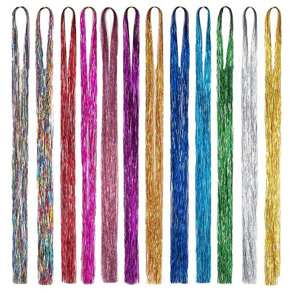 TRKETK 12 Pcs Colorful Straight Hair Extensions, 37 Inch Glitter Hair Extension Fairy Hair 12 Colors Synthetic Hair Extensions 1200 Strands Tinsel Hair Heat Resistant for Women Girls Party Cosplay