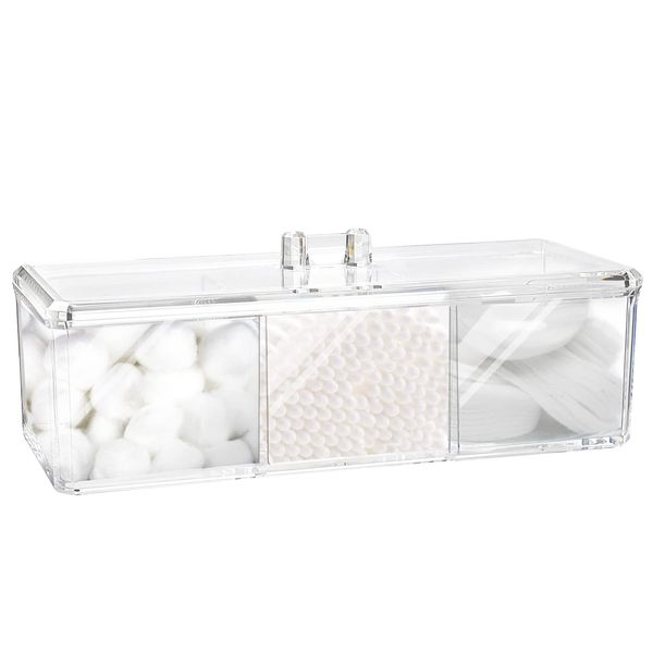 Square Qtip Holder Dispenser, 3 Compartments Cotton Ball Holder, Bathroom Canisters for Cotton Swab, Ball, Cotton Pad Organizer, Clear Acrylic Containers with Lid for Bathroom Vanity Countertop