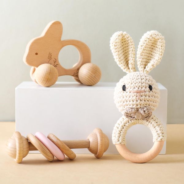 Wooden Baby Rattle 3 PCS Push Car Rattle Set Crochet Rattle Ring Wooden Montessori Toy for Newborn Infant Baby Gifts (Rabbit Rattle)