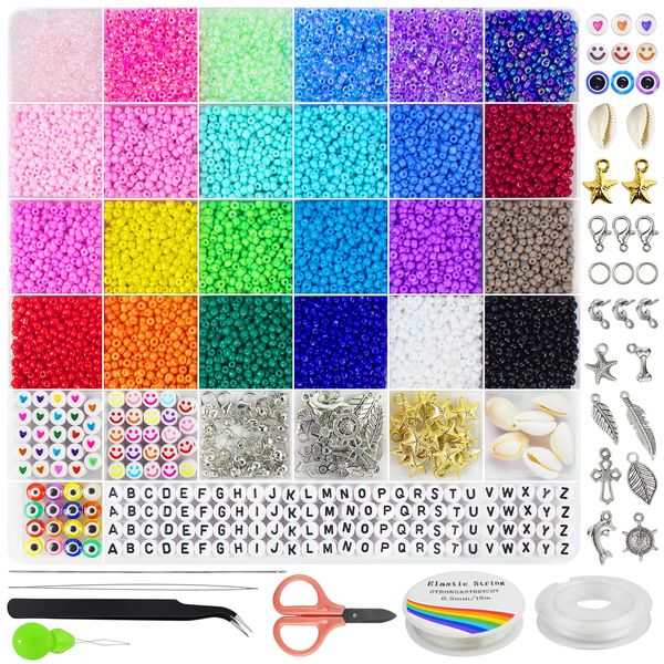 7000pcs 3mm Glass Seed Beads for Bracelet Making Kit, Small Beads Friendship Bracelet Making kit, Tiny Waist Beads Kit with Letter Beads and Elastic String, DIY Art Craft Girls Gifts (3mm)