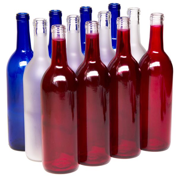 North Mountain Supply - W5A-RWB 750ml Red White & Blue Assortment Glass Bordeaux Wine Bottle Flat-Bottomed Cork Finish - Case of 12