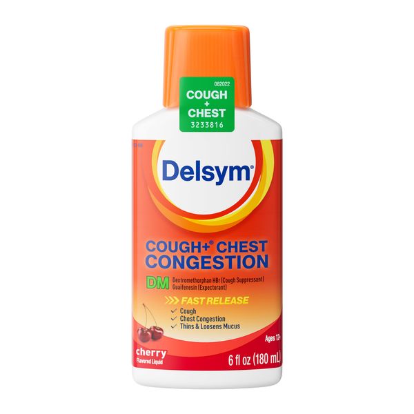 Delsym Max Strength Delsym Cough Plus Chest Congestion DM Liquid, Cherry Flavor, 6 fl. oz. Relieves Cough, Chest Congestion, and Thins & Loosens Mucus