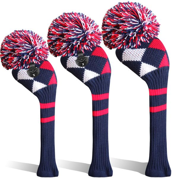 Golf Head Covers Woods Driver Fairway Hybrid 3 Pcs,Golf Headcover Pom Knitted Number 1 3 5 for Men Women Kids Anti-Wrinkle Washable Soft Portable Color Blue Red (Blue/Red)