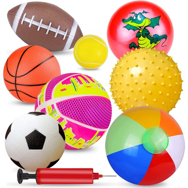 Ynanimery 8 Pack Soft Sports Balls for Toddlers with Air Pump - Ball Toys for Kids Toddlers, Include Soccer Ball & Basketball & Football & Tennis Ball & Spike Ball & Playground Balls (8Pcs Balls)