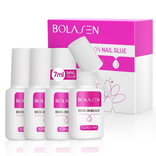 BOLASEN Strong Nail Glue for False Nails (4*7ml) False Nail Glue Brush on Nail Glue Extra Strong for Acrylic Tips Quick Dry Acrylic Nail Glue for Broken Nails Professional Nail Glue for Stick on Nails