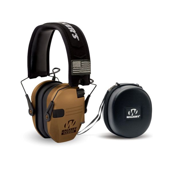 Walker's Razor Slim Battle Brown Electronic Muffs with Protection Case Bundle