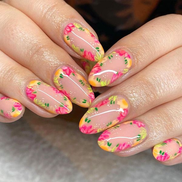 Short Press on Nails Oval Fake Nails Yellow and Red Flower Glue on Nails Light Pink Full Cover Acrylic Nails Press ons Glossy False Nails Artificial Stick on Nails for Women 24Pcs