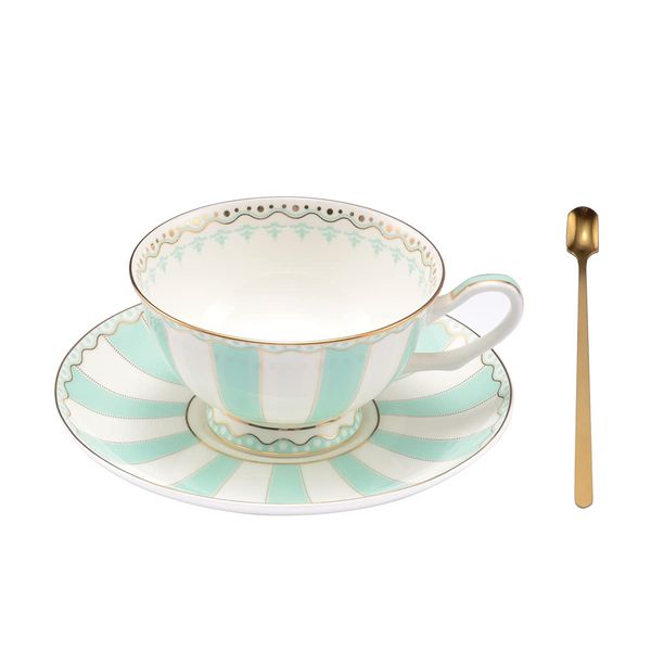 Pfedxoon Bone China Tea Cup with Saucer Spoon 3 Piece Set（240ml） Cappuccino Cups, Tea Cup Set, British Coffee Cups, Porcelain Tea Set, Latte Cups, Mother's Day Gift(Blue White)