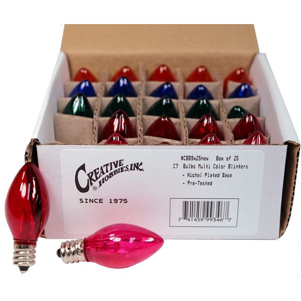 ® Box of 25 Colored Light Bulbs, Random Blinking, 7 Watt, C7 Ca