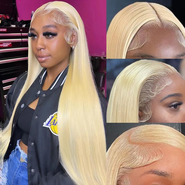 Besteffie 613 Blonde Lace Front Wigs Human Hair 13x4 28 Inch Straight Blonde Wigs Human Hair Pre Plucked Glueless Wigs Human Hair 180% Density Brazilian Virgin Hair 613 Color Straight Wigs