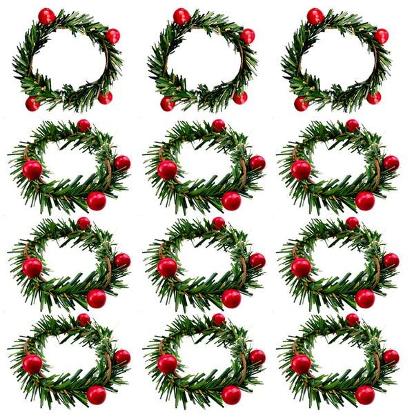 Saktopdeco Christmas Napkin Rings Christmas Napkin Holder Holly Berry Candle Wreath for Banquet Table Decorations Set of 12