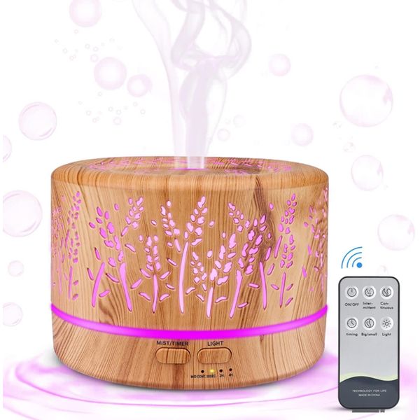 500ml Essential Oil Diffuser, YONGYAO Cool Mist Aromatherapy Scented Diffuser Humidifier for Home, Bedroom, Baby Room,Spa with 7 LED Color Lights and Auto Shut-Off, BPA-Free- Yellow Wood Grain