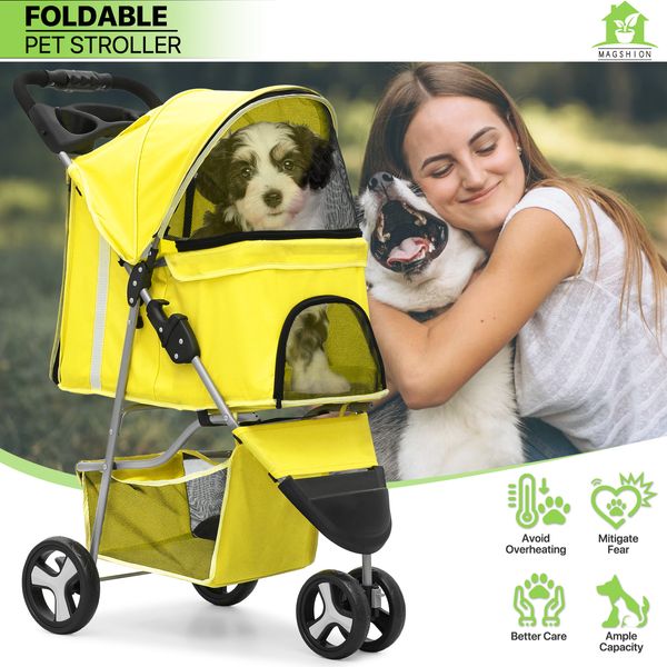 Yellow Foldable Dog Stroller Portable Pet Cat Carrier Cart w/Adjustable Sunshade