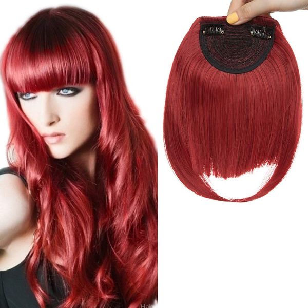 One Piece Cute Bang Fringe Clip On Clip In Wig [Dark Red] Front Bangs Straight Hair Extensions Synthetic For Ladies Girls