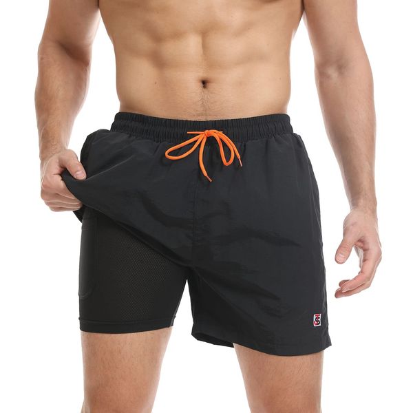 JustSun Badehose Herren Badeshorts Herren Kurz mit Kompression 2 in 1 Schnelltrocknend Männer Schwimmhose Schwimmshort Strandshorts Herren Swim Shorts Schwarz M