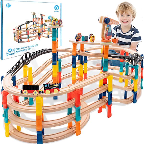 120Pcs Wooden Train Tracks Set, 398-Inch Track Expansion, Toddler Railway Bridge