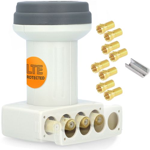 GSS Helios Quad LNB + 8x F-Connector, with LTE Shielding & Sun Protect UV Protection, 4x HD 4K LNB for 4 Participants (TV TV, Sat Receiver) LMB LNC for Satellites