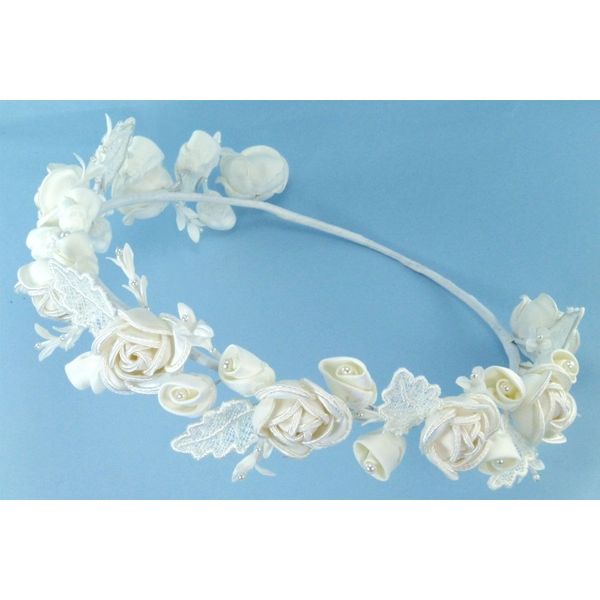 Charming wreath halo of satin rose flower and bud adorned with lace leaves and pearls for Wedding Flower Girl, Communion, or Other Special Events #81D30iv