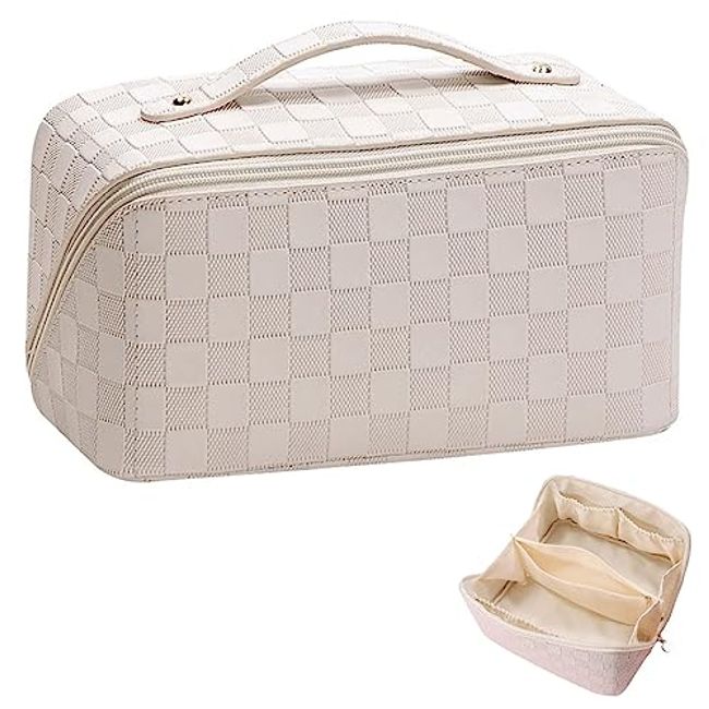 Travel Makeup Bag for Women Large Capacity Cosmetic Bag Waterproof White  Checkered Portable PU Leather Toiletry Bag Organizer Makeup Brushes Storage