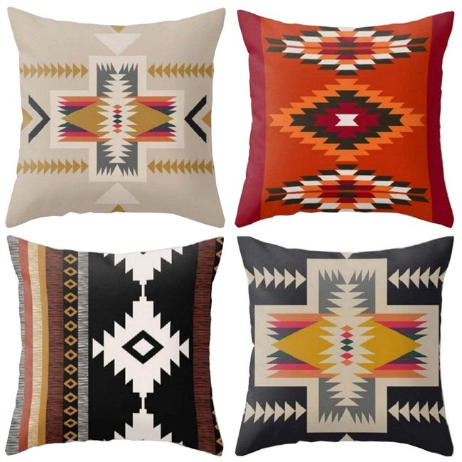 YunJeude Cushion Covers 17.7 x 17.7 inches (45 x 45 cm), Set of 4 Nordic, Fashionable, Cute, Ethnic Pattern, Linen, Flax, Native Ortega Pattern, Geometric Pattern, Modern Simple Zipper, Home Decor,