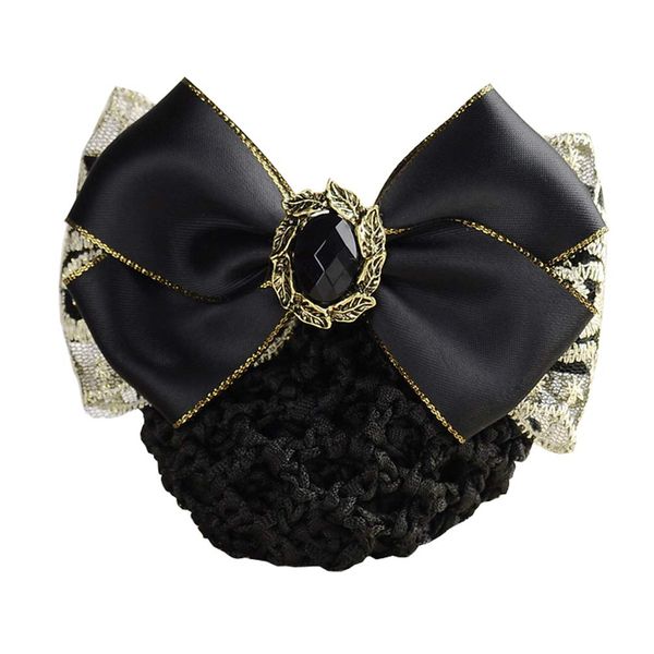 1Pcs Black Ribbon Bowknot Women Hair Bun Cover Hair Clip Net Snood Hairnet Bowknot Decor Barrettes Hair Accessories For Stewardess Banks Hotels Restaurant Staff