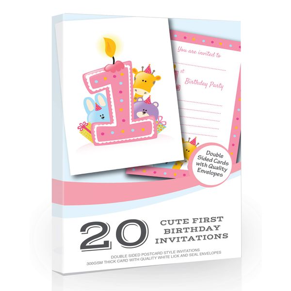 Olivia Samuel 20 x First Birthday Party Invitations from Pink Candle and Animals Design - A6 Postcard Size with envelopes