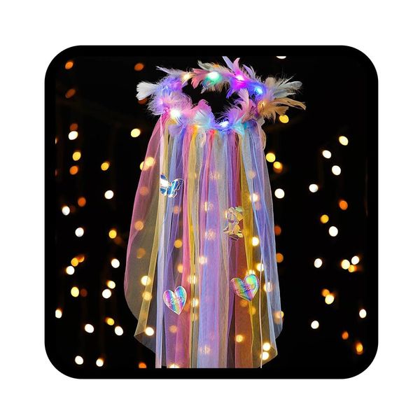 LUDRESS Light Up Wedding Veil LED Feather Headband Luminous Bridal Headpiece Party Costume Hair Accessories for Women and Girls