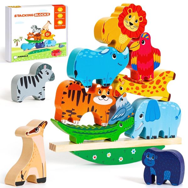 Montessori Toys for 1 2 Year Old Girl Boy Gifts,Toddler Building Blocks Wooden Animal Stacking Toys, Learning Fine Motor Skills Toys for 1-3 Year Old,Gifts for 2 3 4 Year Old Girls Boys Toys Age 1 2 3