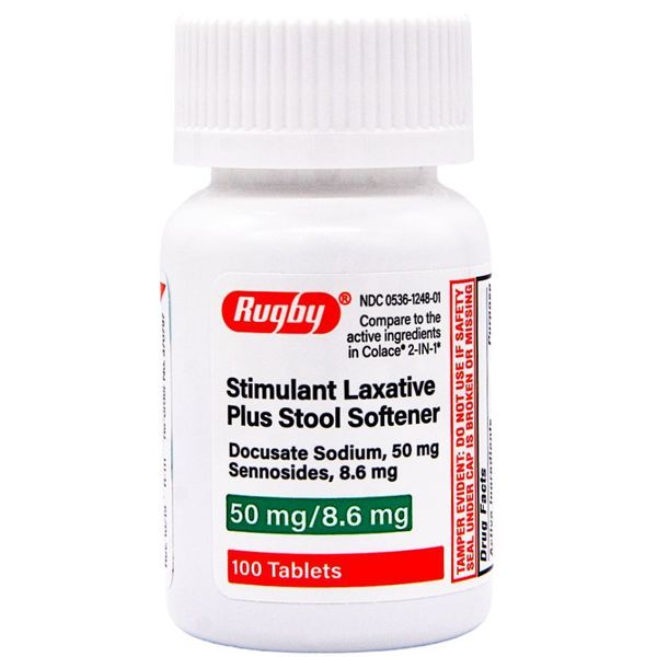 Rugby Stimulant Laxative Stool Softener - 100 Tablets (Colace 2-IN-1)