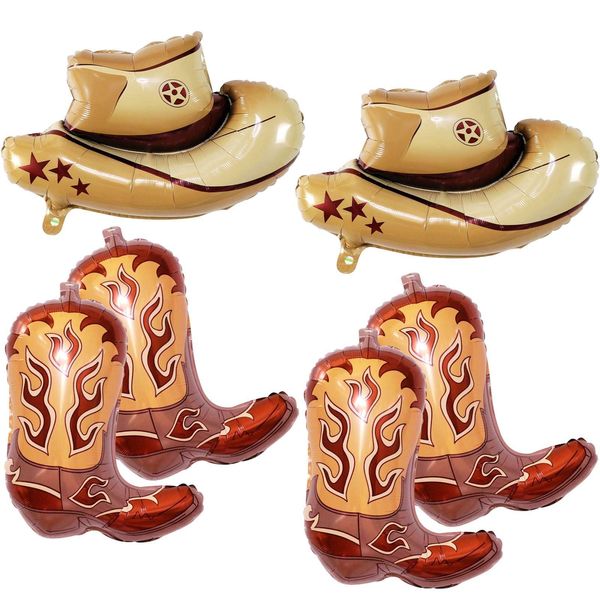 6 Pcs Western Cowboy Boots Balloons Hats Balloons, Cowboy Boots Balloon Cowboy Hats Balloons Mylar Balloons for Western Cowgirl Cowboy Birthday Party Decorations Bachelorette Party Supplies (Brown)