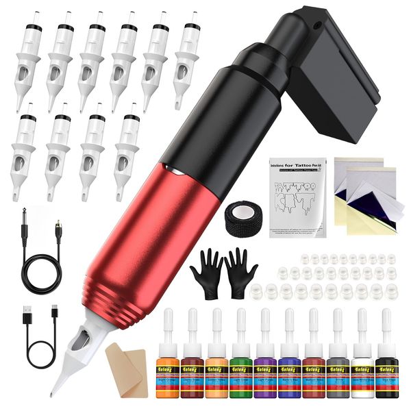 Nazzor Tattoo Machine Pen Kit Wireless Rotary for Beginners Wireless Tattoo Gun Tattoo Battery 10Pcs Cartridge SLP51KIT-2