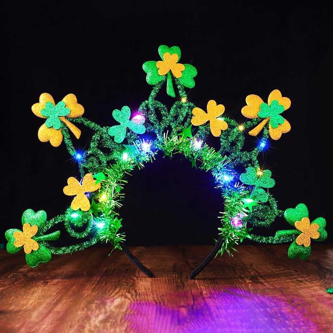 GORTIN St Patrick's Day Light up Headband Green LED Shamrock Headbands Irish Day Glowing Hair Band Rave Party Costume St Patricks Day Accessories for Women