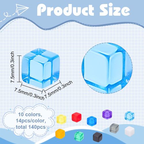BENECREAT 140Pcs 10 Colors 7.5mm Blank Dice Acrylic Dice Cubes Assorted Color No Hole Beads with Storage Box for Dice DIY Making, Party Favor