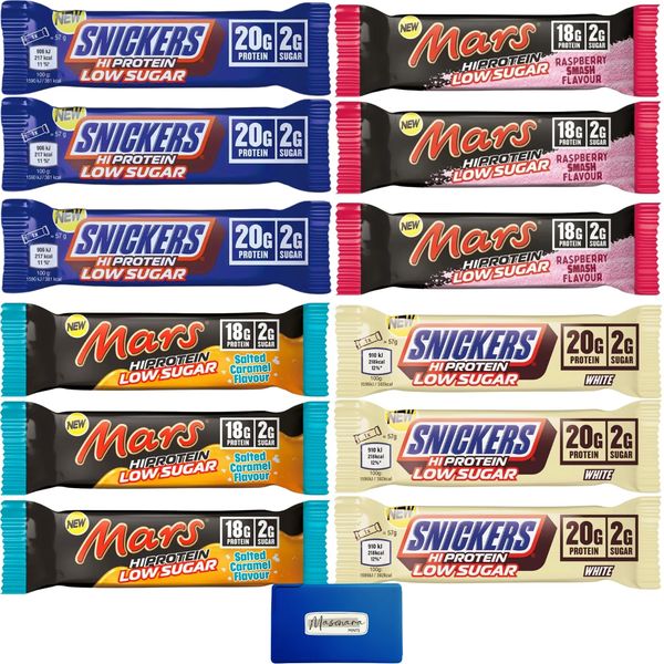 Snickers, Mars Hi Protein Low Sugar Bars - Variety 12 Pack - Bundled with Masonara Mints - Low Sugar High Protein Bars, 2g Sugar and 18-20g Protein per Bar - 12 Bars (660g Total)