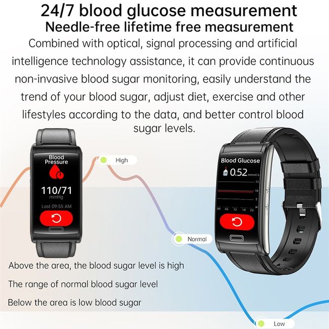 KS01 Non-Invasive Blood Glucose Test Smart Watch New Bluetooth Watch Built  in NFC for Android & iOS (Color : Black)