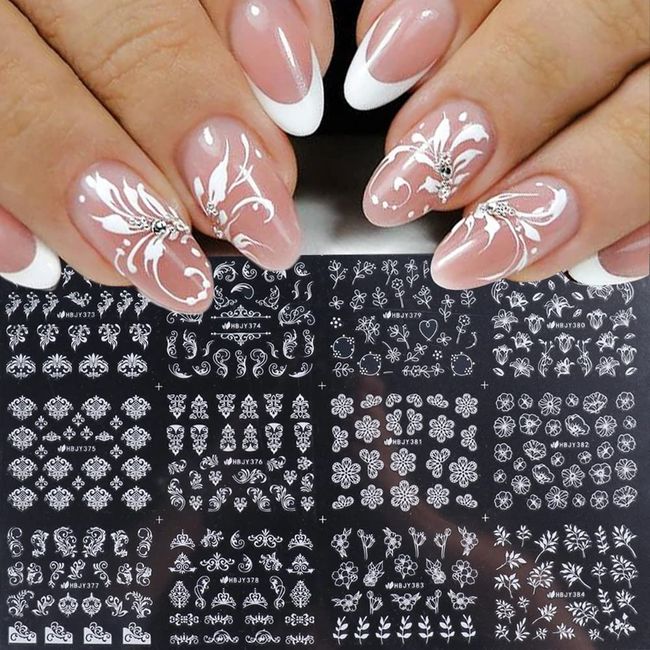 Flowers Nail Decals, 3D Self-Adhesive White Floral Nail Art Stickers French Hollow Flower Leaf Nail Art Designs Manicure Tips Accessories DIY Nail Art Decoration for Acrylic Nails, 12 Styles