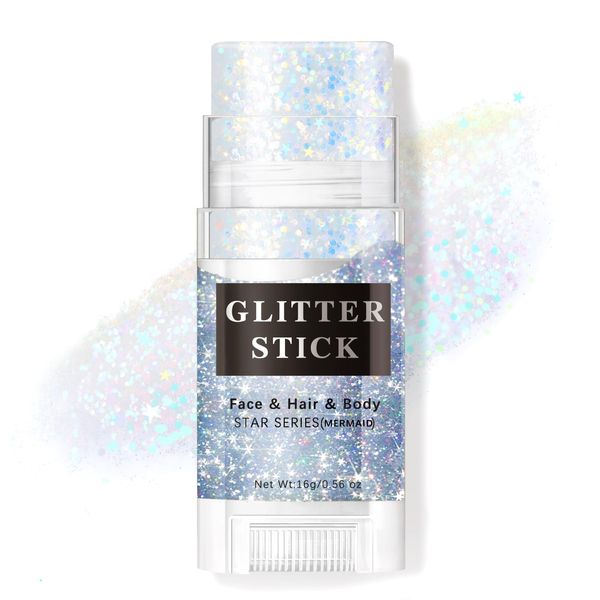 HOSAILY White Body Glitter Stick, Sparkling Holographic Sequins Glitter Gel, Body Shimmer Face Paint Glitter for Eye Hair Nail lip, Chunky Glitter Makeup for Halloween Christmas Rave Festival