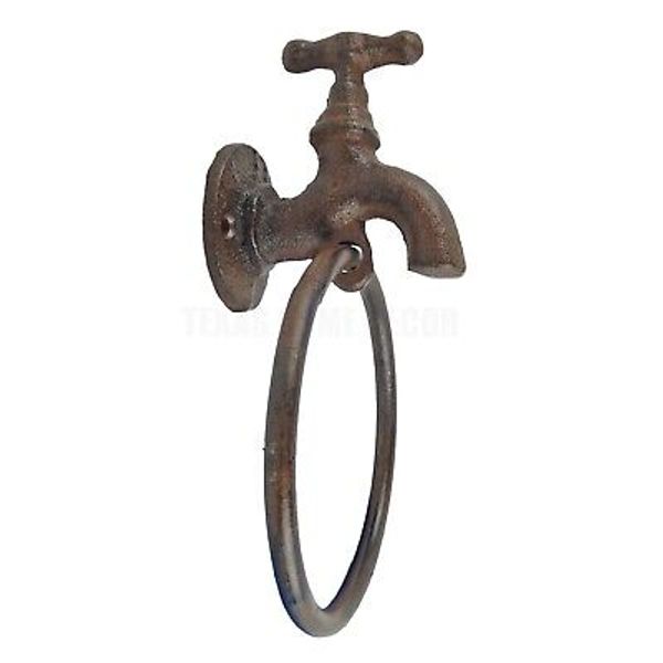 Faucet Spigot Towel Ring Hanger Rustic Cast Iron Antique Style Wall Mounted