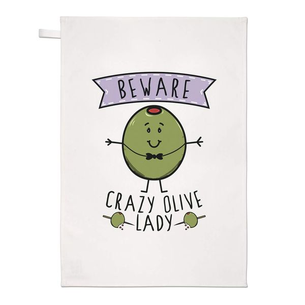 Beware Crazy Olive Lady Tea Towel Dish Cloth