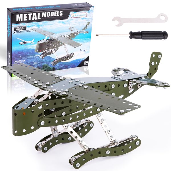 ArtCreativity Metal Airplane Model Kit - 242 PC STEM Airplane Building Kit - Seaplane Model Airplane Kit for Boys - Stainless Steel Metal Airplane Model with Decals - Airplane Building Kit for Kids