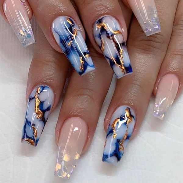 24Pcs Nails Press ons,Coffin Press on Nails Medium False Nails with Blue Marble Designs Ombre Nude Acrylic Fake Artificial Nails Stick on Nails For Women Girls