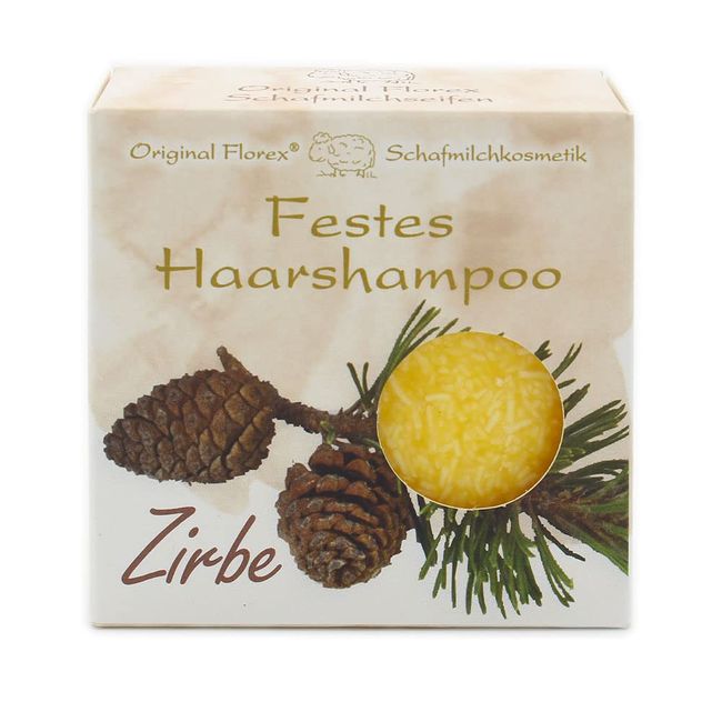 Festes Haarschampoo 58g mit Schafmilch Zirbe, in Papier-Schachtel, von Florex