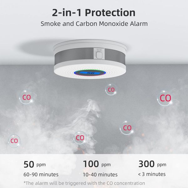 CPVAN Smoke and Carbon Monoxide Alarm with Digital Display, Combination Smoke & Carbon Monoxide Detectors for Home Safety, Smoke Alarm and Carbon Monoxide Detector with Dual Sensor. 1 Pack