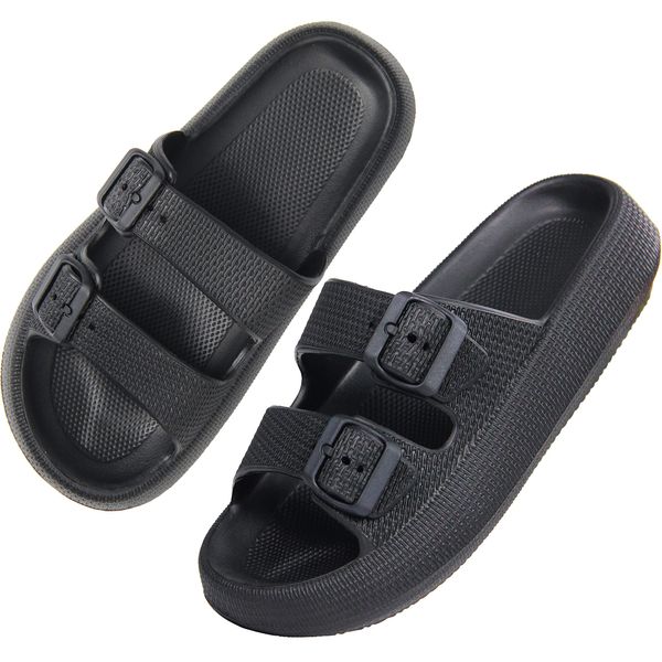 BenSorts Pillow Slippers for Women and Men Cute Rubber Sandal Adjustable Buckles Soft Slides Shower Spa Bath House Slippers Indoor Outdoor Black Men Size 8.5 9 9.5 Women Size 9.5 10 10.5