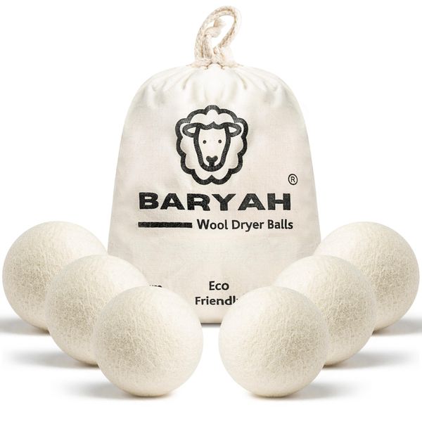 Baryah Tumble Dryer Balls Pack Of 6 XL - Handmade Reusable Organic New Zealand Sheep Wool Laundry Balls For Washing Machine Reduce Drying Time And Wrinkles With Natural Scented Fabric Softener Laundry