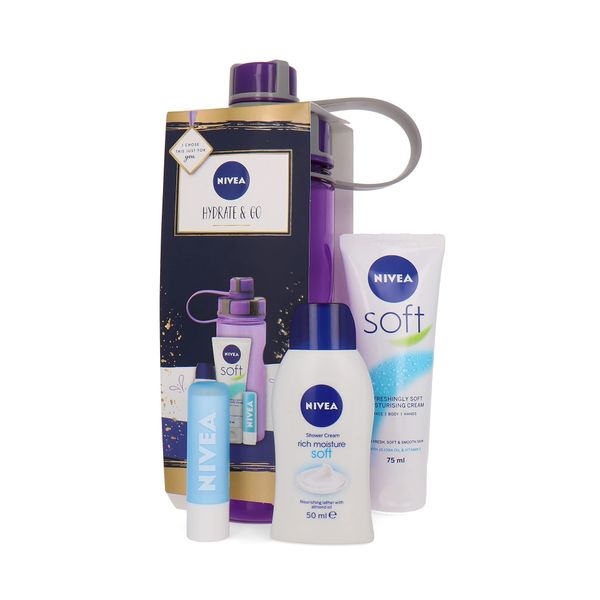 NIVEA HYDRATE & GO SET 4PC (75ML MOISTURISER, 50ML SHOWER CREAM, L/BALM & WATER BOTTLE)