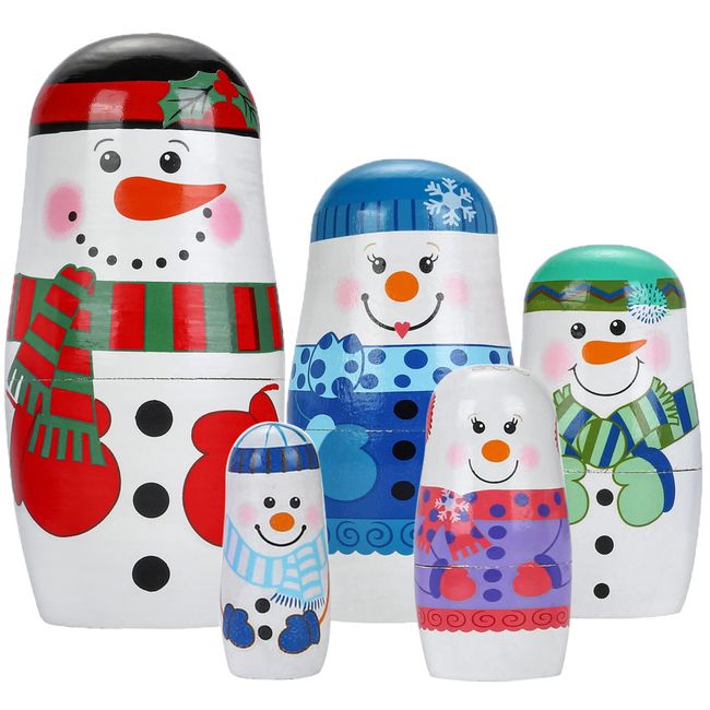 Mornajina 5pcs Handmade Wooden Russian Nesting Dolls, Snowmen Nesting Dolls, Matryoshka Dolls Christmas Birthday Gift