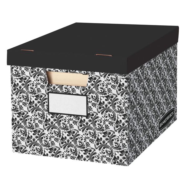 Bankers Box 10 Pack STOR/FILE Decorative Medium-Duty File Storage Boxes, FastFold, Lift-Off Lid, Letter/Legal, Black/White Brocade