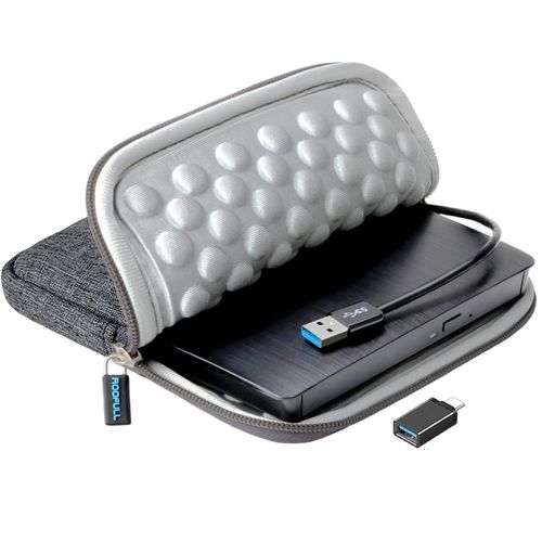 ROOFULL External CD DVD Drive for Laptop, USB 3.0 Portable CD/DVD-ROM +/-RW Optical Disk Player Reader Writer Burner with Protective Carrying Case for Laptop PC Mac, Windows 11/10/8/7, Linux Computer