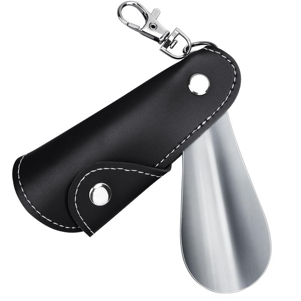 ZOMAKE Shoe Horn Mini PU Cover with Key Holder, Stainless Steel, Stylish, Short, Durable, Portable, For Men, Women, Kids, Elderly, PU-black